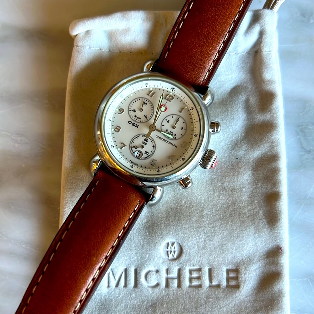 MICHELE White MOP Dial 36MM Chrono Watch with Leather brown strap
